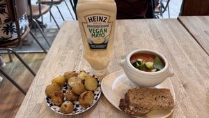 Gazpacho and roasted potatoes   at Vaults and Garden in Oxford