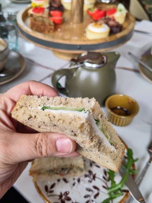 Cucumber and cream cheese sandwich at Ffarm Hall in Abergele