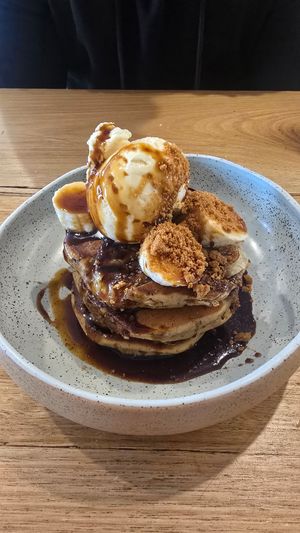 Banana Biscoff buckwheat pancakes with vegan ice cream at Mug. in Cowes