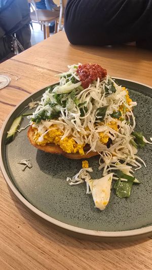 Chilli sambal tofu scramble on toast at Mug. in Cowes
