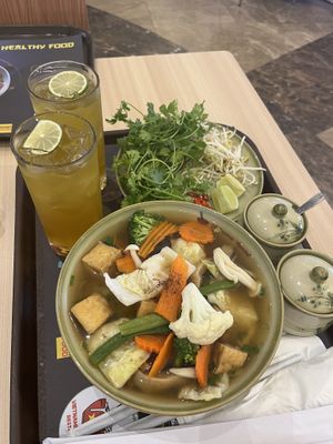 Vegan pho and iced tea  at Vietnamese Special Restaurant in Abu Dhabi