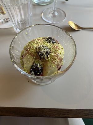 Pistachio sorbet with maraschino cherries   at Martini House in Copenhagen