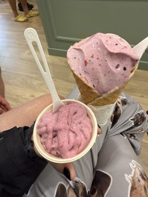 vanilla oat base with kookaberry in a waffle cones  at Bramble & Berry Ice Cream in Lancaster