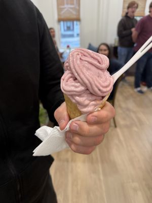 vanilla oat base with strawberry and banana in a waffle cones  at Bramble & Berry Ice Cream in Lancaster