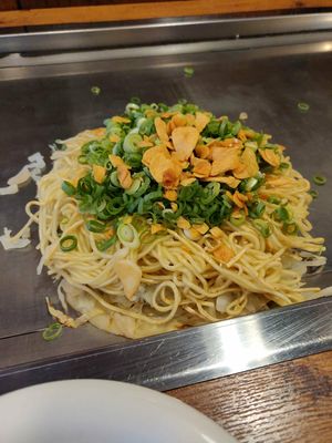 Vegan okonomiyaki with rice cake at Nagataya in Hiroshima