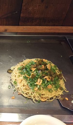 Vegan okonomiyaki on the left, vegetarian on the right. Delicious! at Nagataya in Hiroshima