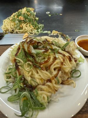 A picture getting the the second quarter of the meal with some of the vegan sauce on it  at Nagataya in Hiroshima