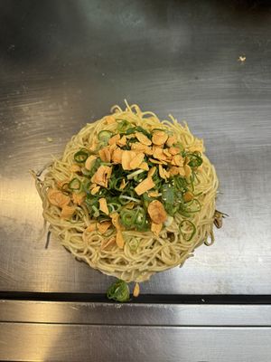 Rice cake corn garlic chips green onion soba .  at Nagataya in Hiroshima