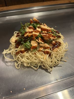 Vegan Okonomiyaki (Option G) with okonomiyaki sauce   at Nagataya in Hiroshima
