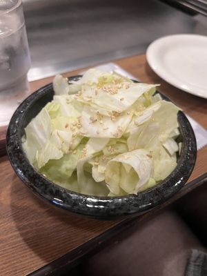 “Gomashio” cabbage (cabbage with sesame oil and salt). Garlicky!  at Nagataya in Hiroshima