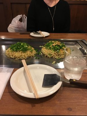 Vegan okonomiyaki with mochi hidden inside at Nagataya in Hiroshima