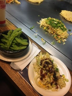 Vegan okonomiyaki and edamame  at Nagataya in Hiroshima