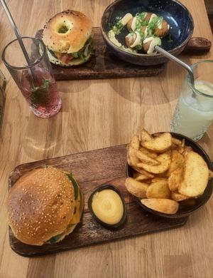 Beyond burger bagel, shiitake pulled, potatoes and "parmesan"cheese balls at Tabi Loo Ixelles in Brussels