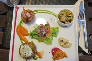 The daily vegan special. Every component was brimming with flavor, from the sauces to the roasted sweet-potato chips and tiny bowl of winter-veg stew. at Rest'o in Bordeaux