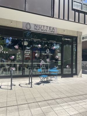 Cute storefront - vegan label front and center!  at NUTTEA in Redmond