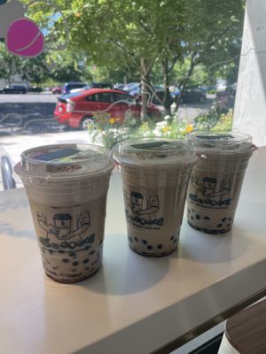 Brown sugar mylk tea on the left, pistachio mylk tea in the middle and to the right   at NUTTEA in Redmond