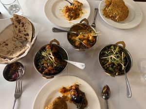 Tandoori roti, aloo baigan, aloo gobi mattar, Jaipuri masala bhindi, methi poori (and samosas *not pictured)  at Chaat Bhavan in Dublin