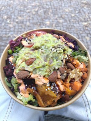 Mixed veg and tofu rice bowl, peanut & lime sauce came alongside at Kaspar Schmauser - Berlin in Berlin