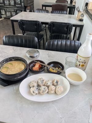 Tuna mayo balls and soybean paste soup at My Little Veggie Pub in Seogwipo