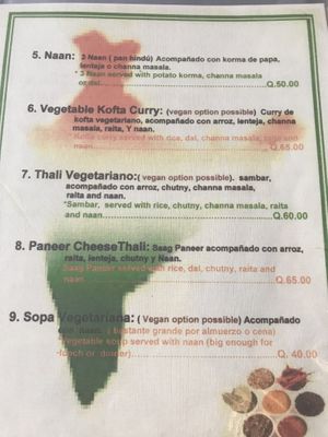 Menu, page 2 at Sabor de la India in Quetzaltenango