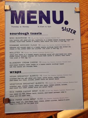 Menu at Sister in Dublin