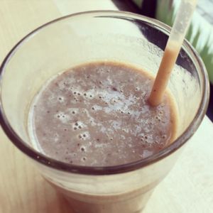 Banana, date and rice milk smoothie.  at Vega City in Budapest