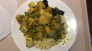 Tofu, green peas, potatoes and millet at Vega City in Budapest