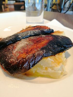 Potato casserole with baked eggplant at Vega City in Budapest
