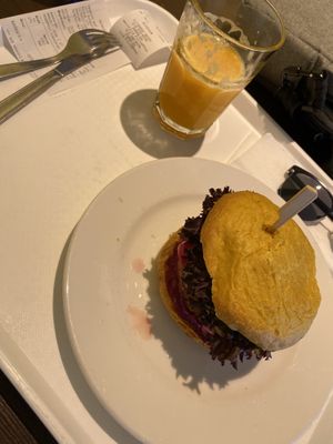 Orange Juice and Burger  at Vega City in Budapest