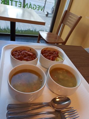 Autumn vegetable ragou soup and greenpea stew with mashed potato and onions at Vega City in Budapest