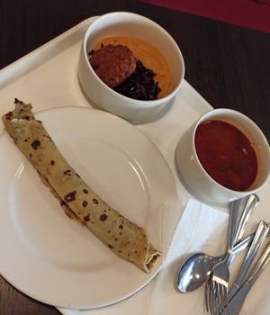 Goulash soup, steed cabbage with vegetables, potato pure and oat frikadeller, pancake at Vega City in Budapest