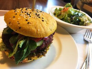 Vegan burger w/ salad at Vega City in Budapest