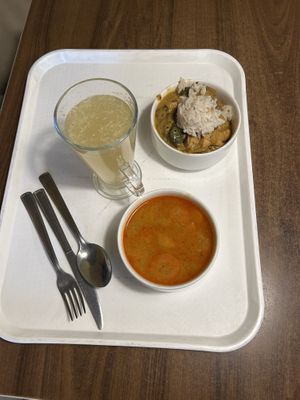 Pea soup and mushroom and tofu curry  at Vega City in Budapest