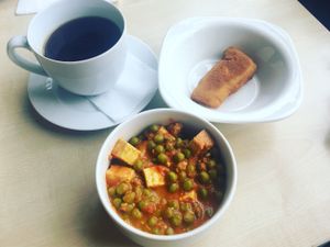 Indian curry and a breaded cashew cheese wedge.  at Vega City in Budapest