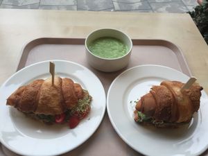 Croissant veggie sandwiches and cucumber soup. at Vega City in Budapest