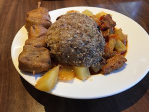 Saslik, rice pattie and ratatouille-like stew at Vega City in Budapest