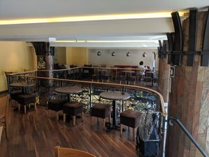 Upstairs seating area at Vega City in Budapest