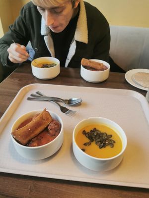 Soup, koftas in tomato sauce and fried cashew cheese at Vega City in Budapest