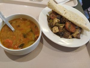 lentil dahl and tofu with veggies and indian bread at Vega City in Budapest