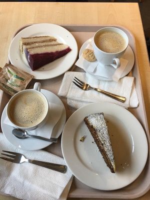 breakfast for two😄a couple of cappuccino and two slices of cakes at Vega City in Budapest