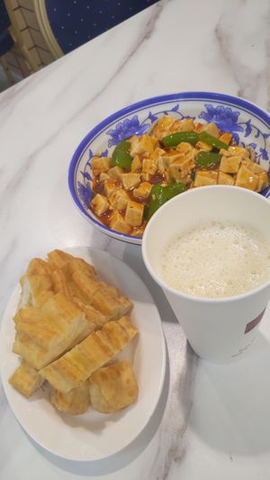 Fried dough sticks, homemade soy milk, ma po tofu with handmade noodle at Soya Express in Sheffield