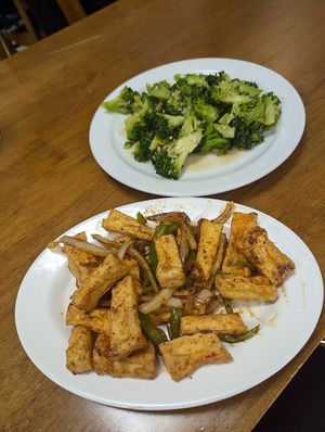 Salt & chilli tofu, with garlic brocolli at Soya Express in Sheffield