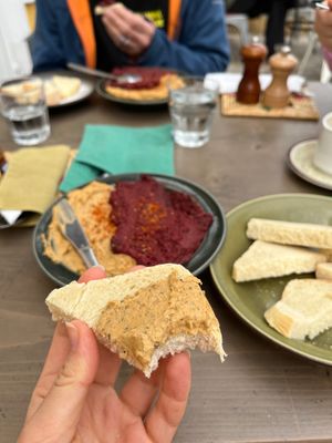 Hummus & beetroot paté with bread. at CUIB in Iasi