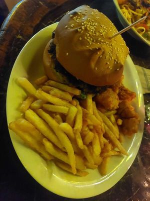 Burger, cauliflower wings, fries  at El Avion in Manuel Antonio