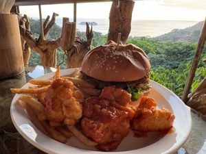  Plant based burger w/ cauliflower wings and french fries  at El Avion in Manuel Antonio