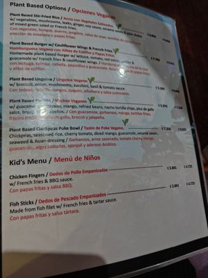 Plant-based section on menu at El Avion in Manuel Antonio