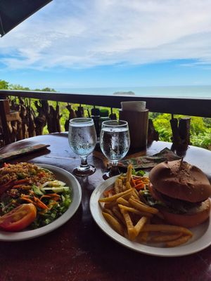 Rice stir fry and burger at El Avion in Manuel Antonio