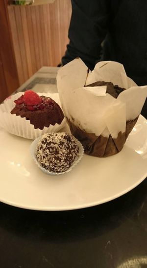 Vegan deserts. Peanut butter bomb was sooo good, but the muffin tasted of soap which was weird. at Ethos in London