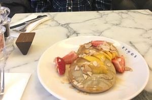 Vegan pancakes with mango and strawberries  at Ethos in London