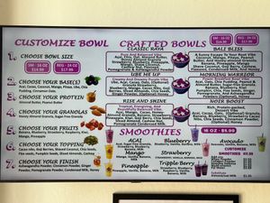 Açaí bowl and smoothies menu at Acai Raya in San Francisco
